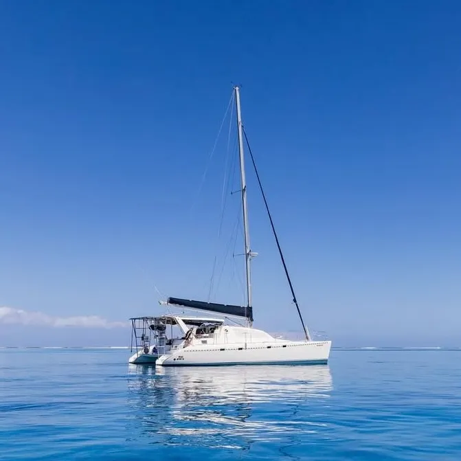 Sailing catamaran on calm Fiji waters