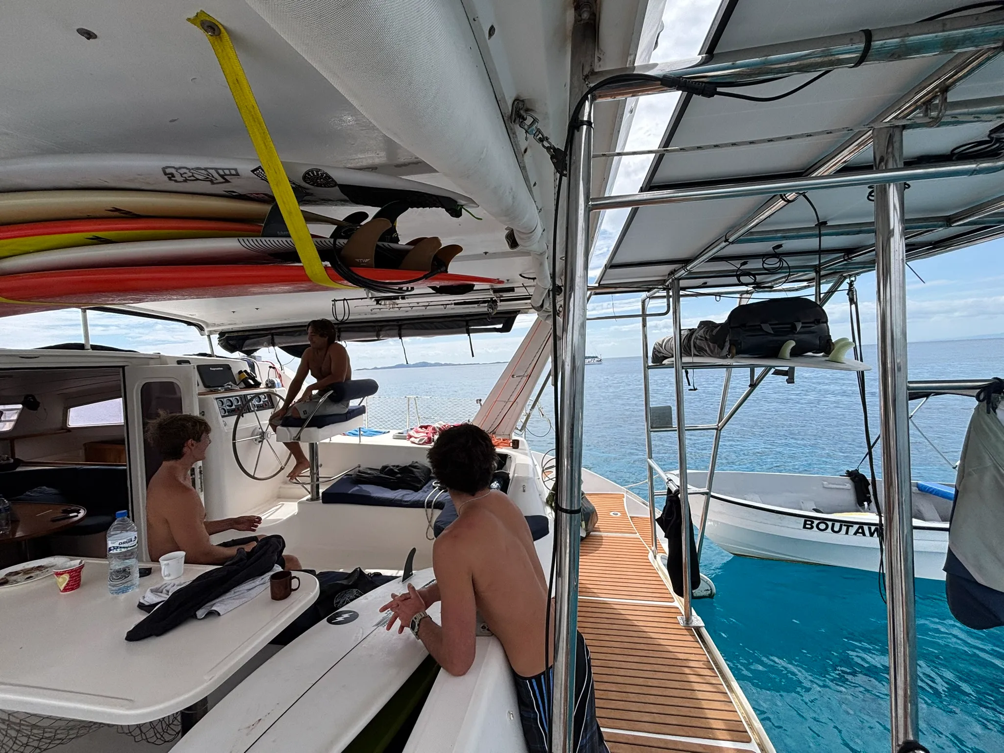 Seating and shaded deck aboard a yacht